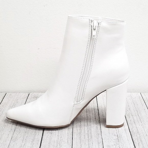 New White Chunky Heel Point Toe Booties Boots - Picture 3 of 4